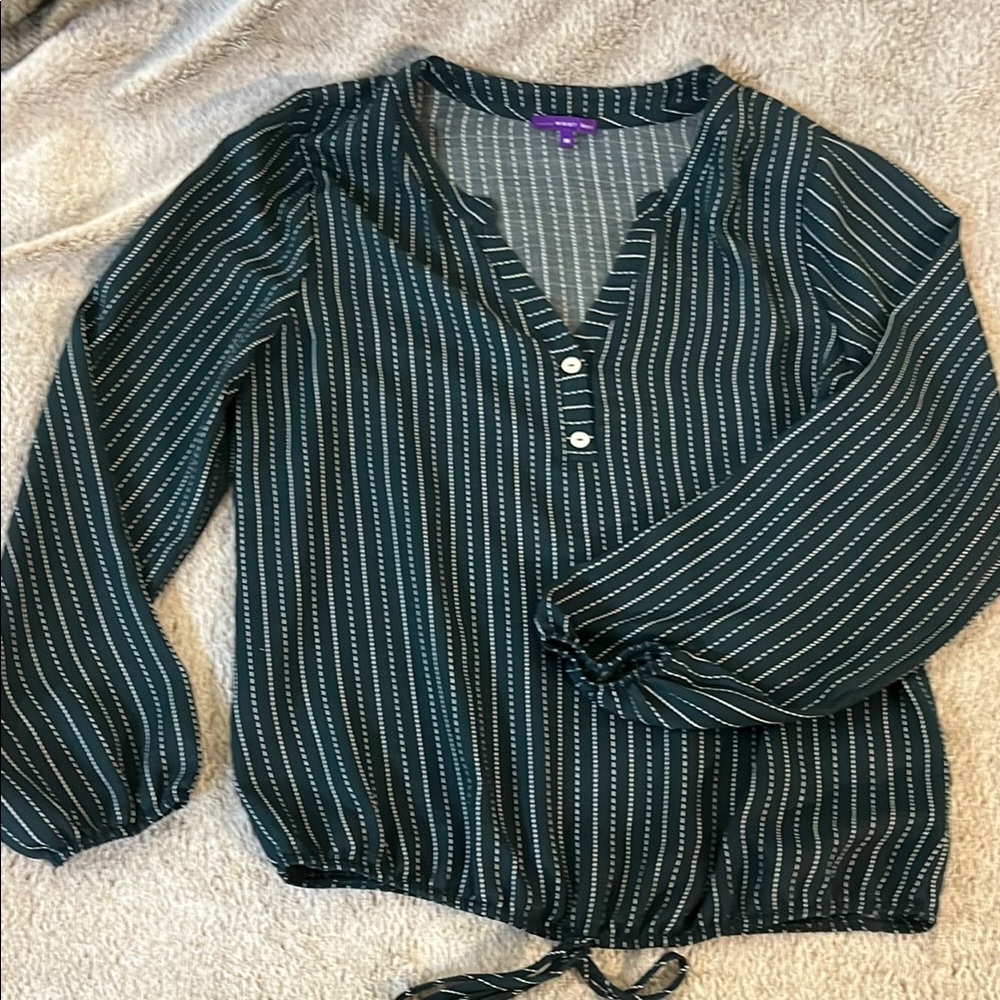 Green Tie Front Blouse with Buttoned V-Neck